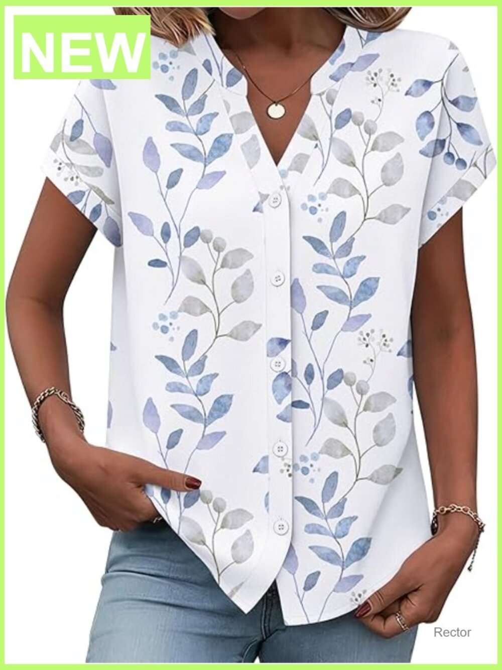 Short Sleeve Button Down Blouse V Neck Collar Business Casual Top
